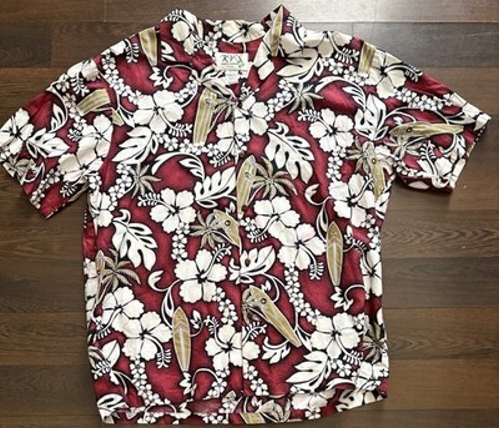 Vtg KY'S Made in USA Hawaiian Shirt XL Garnet Red Surfboard